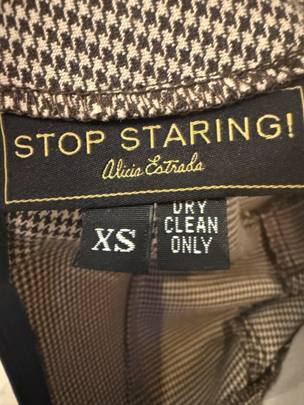 Stop Staring Tan & Brown Houndstooth Midi Pinup Wiggle Retro Dress w/ Peplum XS - Picture 12 of 12
